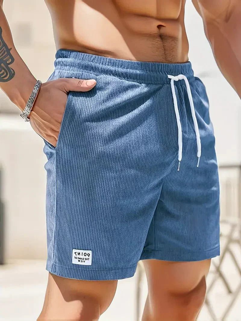 Ribbed Corduroy Shorts with Drawstring for Men - Blue