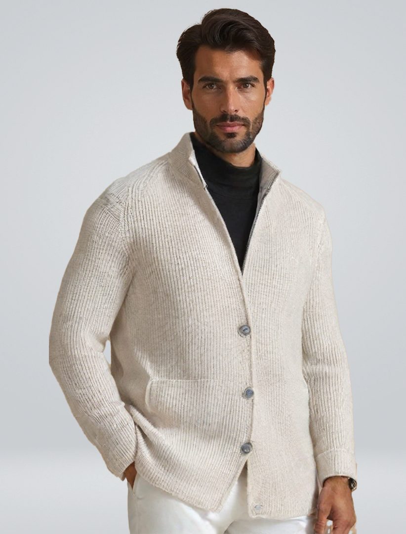 Ribbed Knit Button-Up Cardigan for Men
