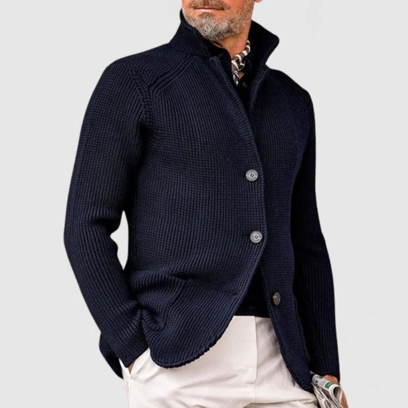 Ribbed Knit Button-Up Cardigan for Men - Dark Blue