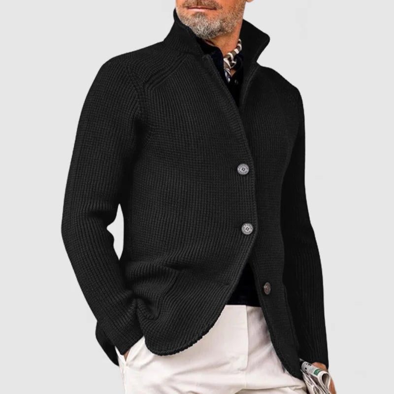 Ribbed Knit Button-Up Cardigan for Men - Black