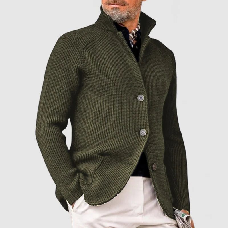 Ribbed Knit Button-Up Cardigan for Men - Olive Green