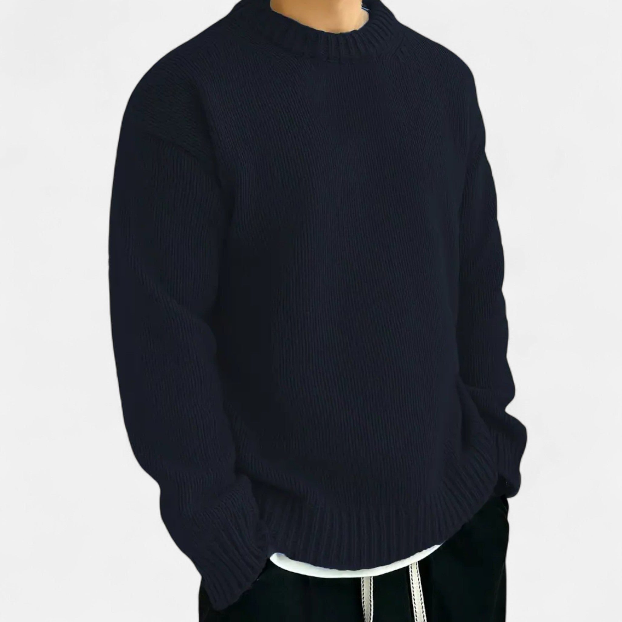 Ribbed Knit Crew Neck Pullover for Men - Navy