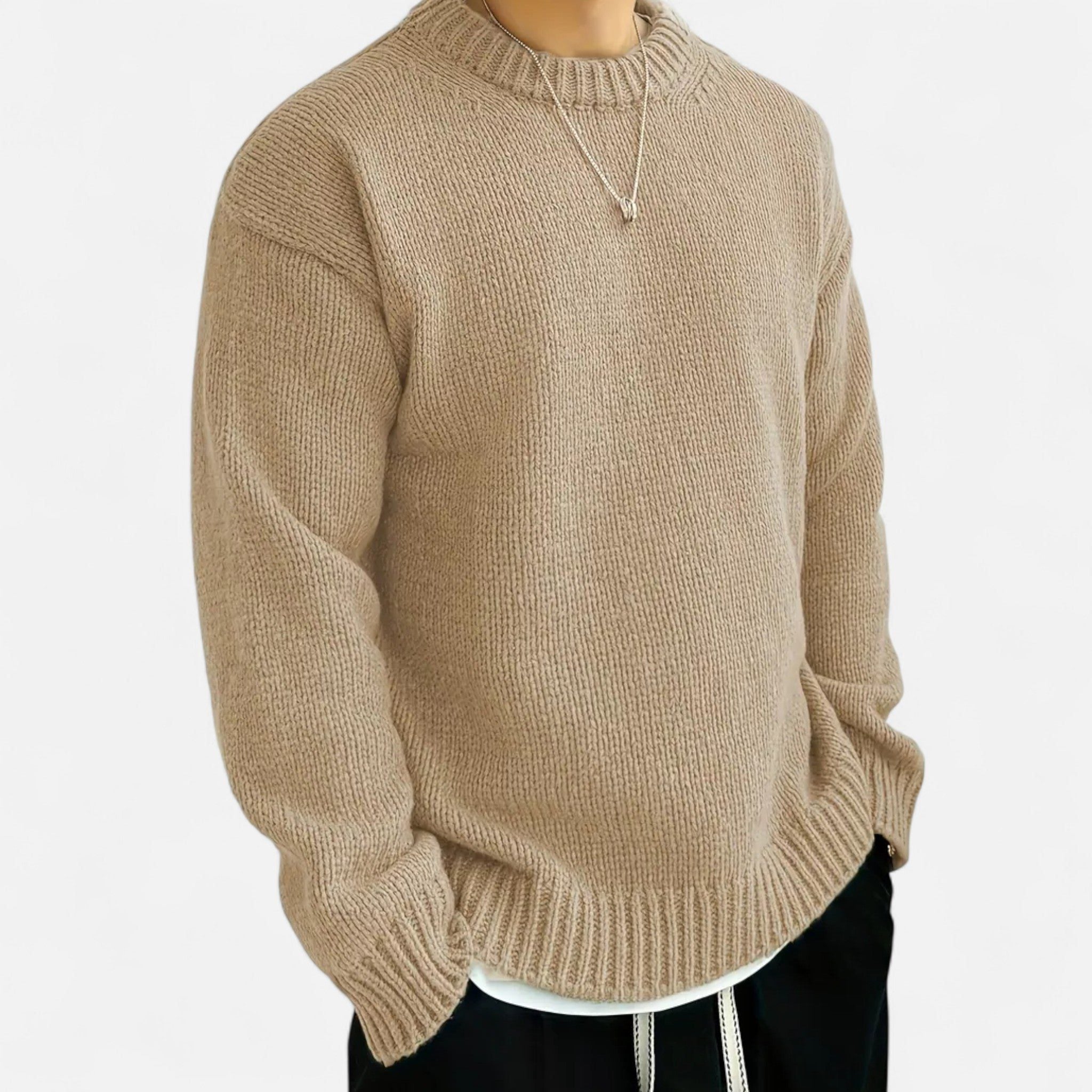 Ribbed Knit Crew Neck Pullover for Men - Beige