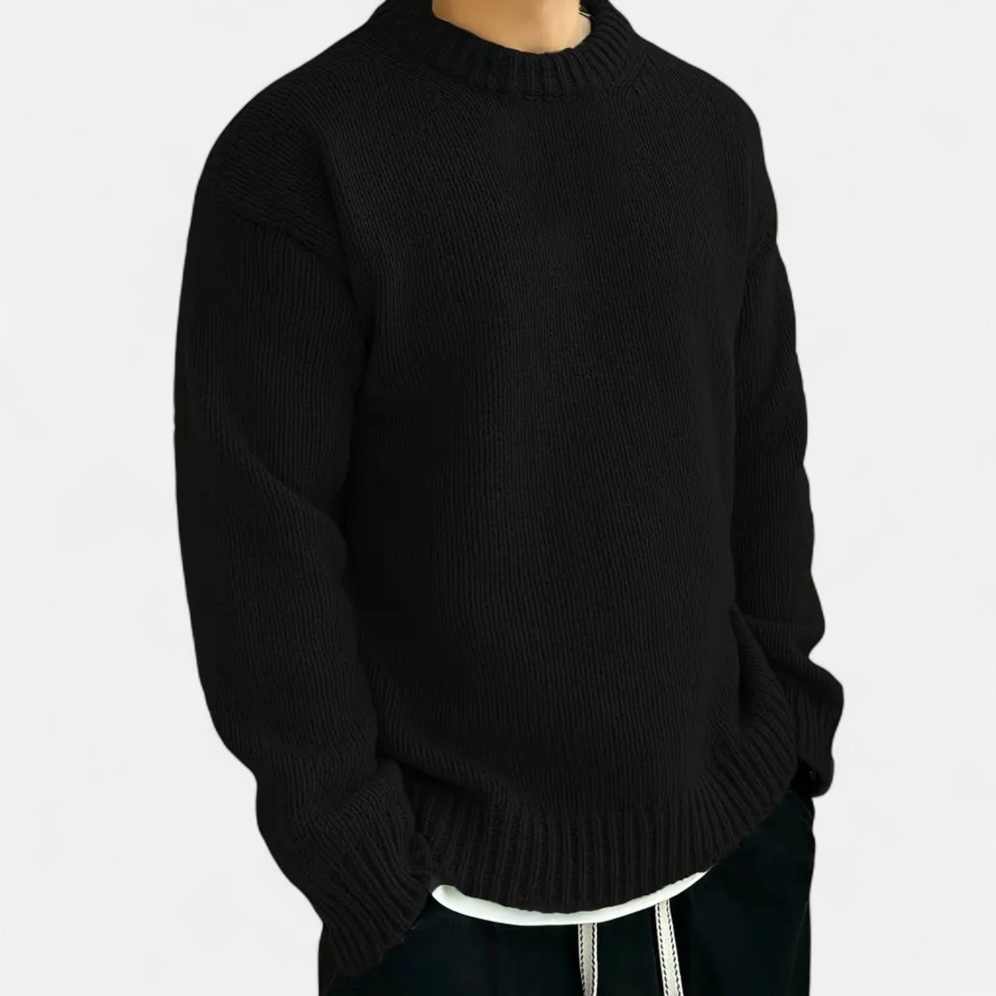 Ribbed Knit Crew Neck Pullover for Men - Black