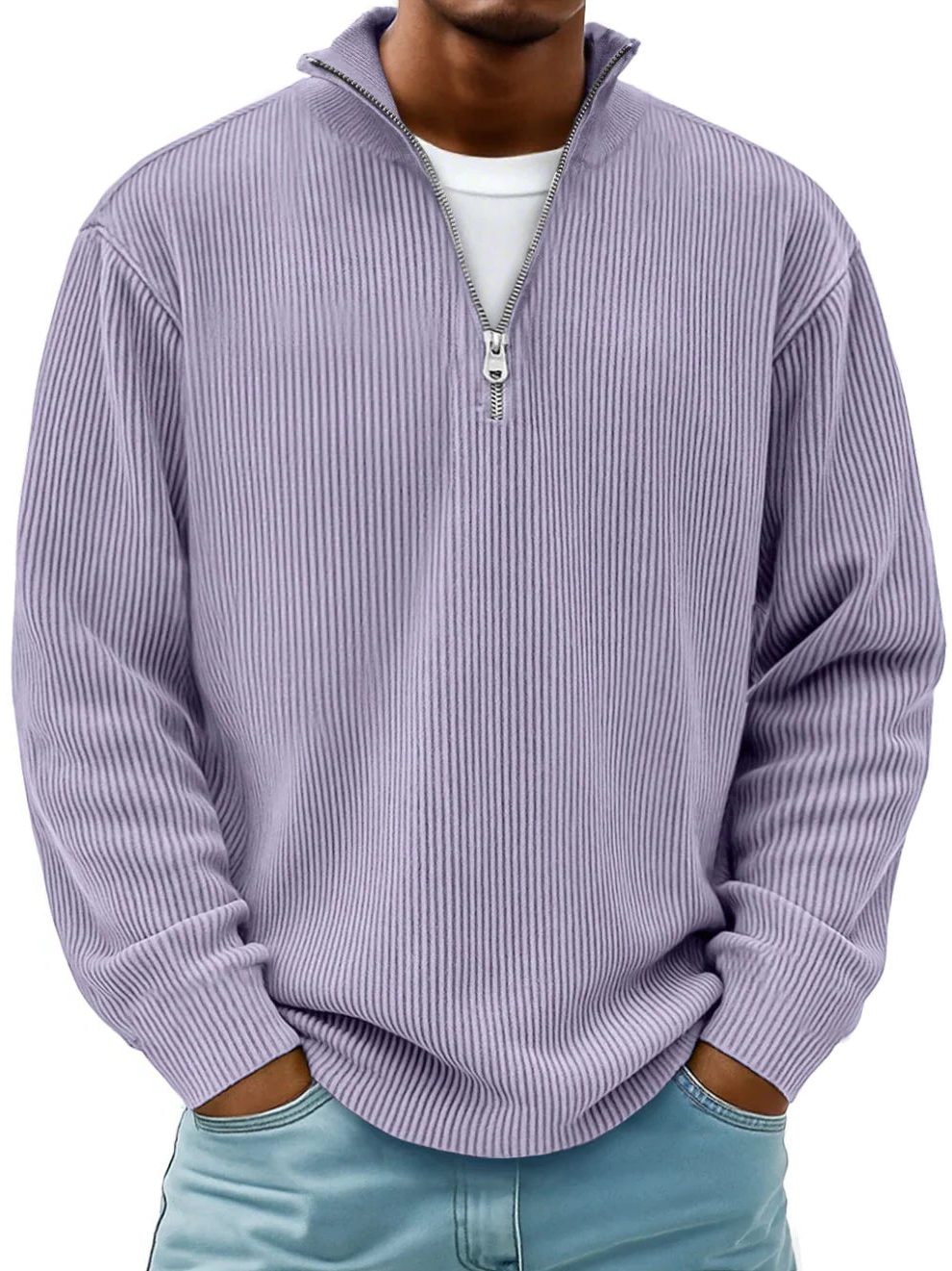Ribbed Knit Half-Zip Pullover for Men - Purple