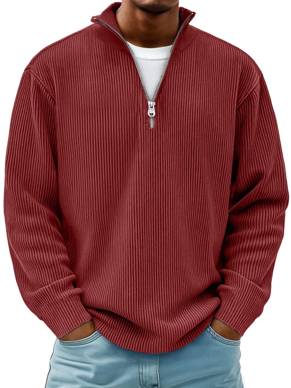 Ribbed Knit Half-Zip Pullover for Men - Red