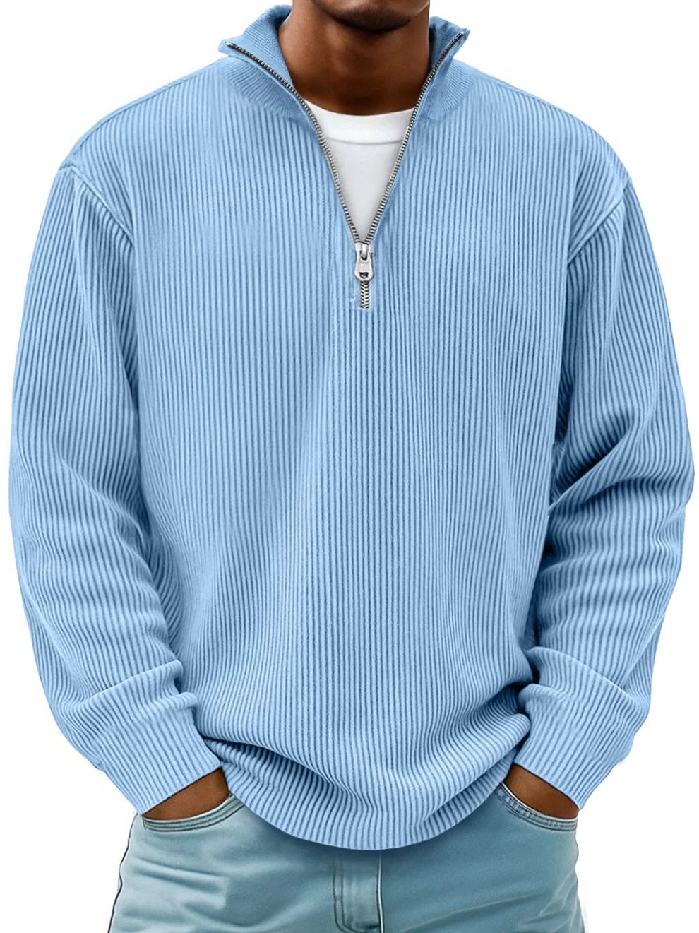 Ribbed Knit Half-Zip Pullover for Men - Blue