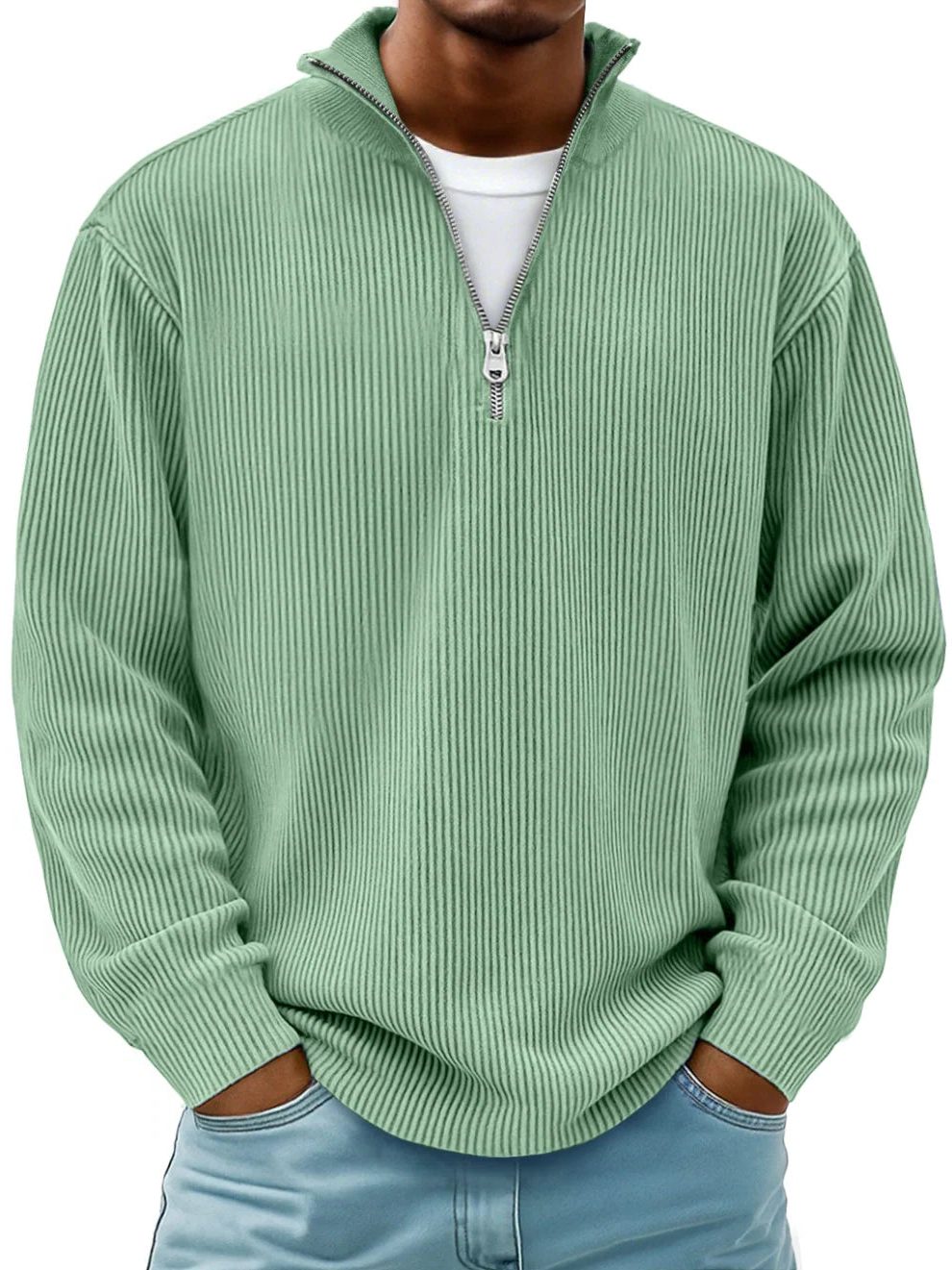 Ribbed Knit Half-Zip Pullover for Men - Green