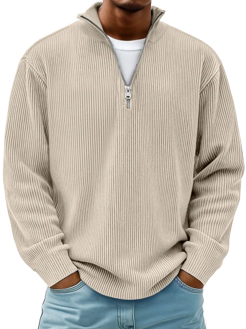 Ribbed Knit Half-Zip Pullover for Men - Khaki