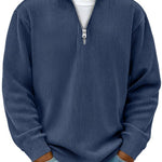 Ribbed Knit Half-Zip Pullover for Men - Navy Blue