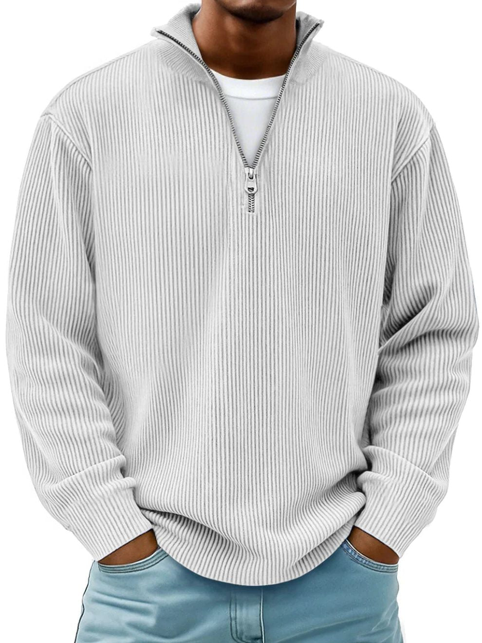 Ribbed Knit Half-Zip Pullover for Men - View 7