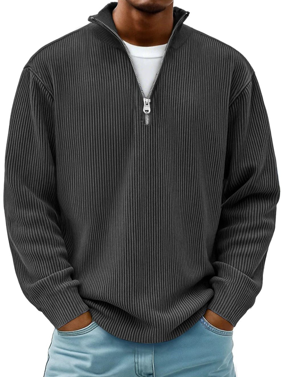 Ribbed Knit Half-Zip Pullover for Men - Black