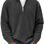 Ribbed Knit Half-Zip Pullover for Men - Black