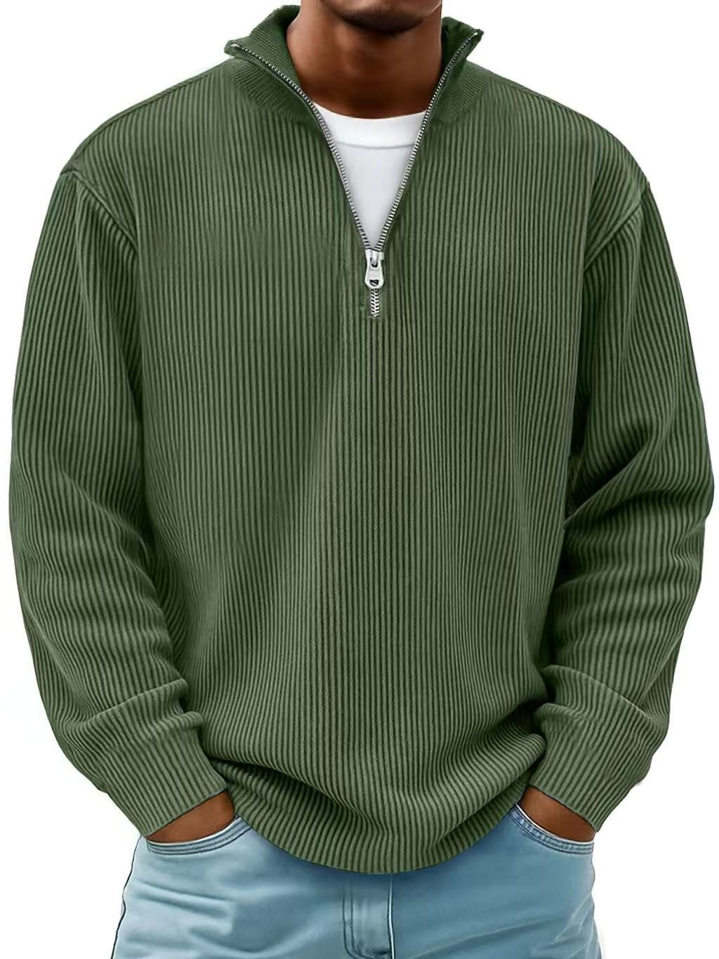 Ribbed Knit Half-Zip Pullover for Men - Military Green