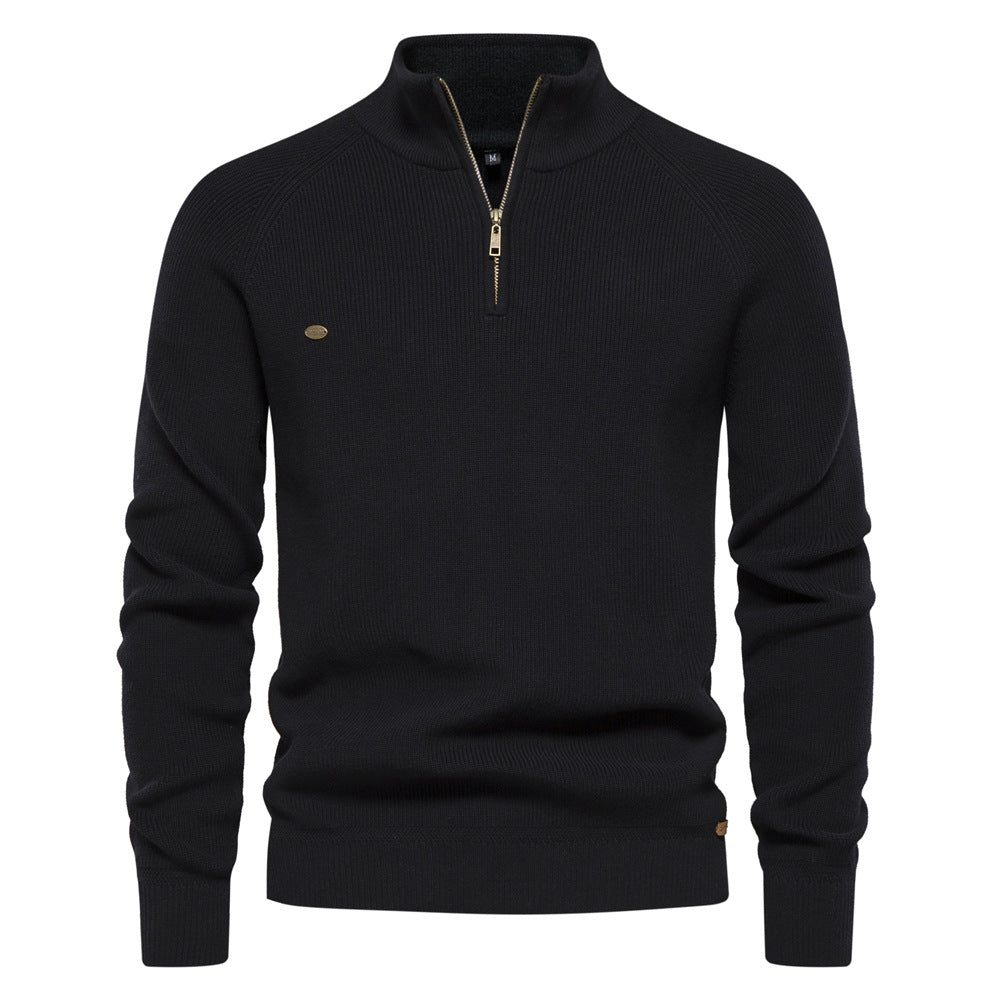 Ribbed Knit Half-Zip Sweater for Men - Black