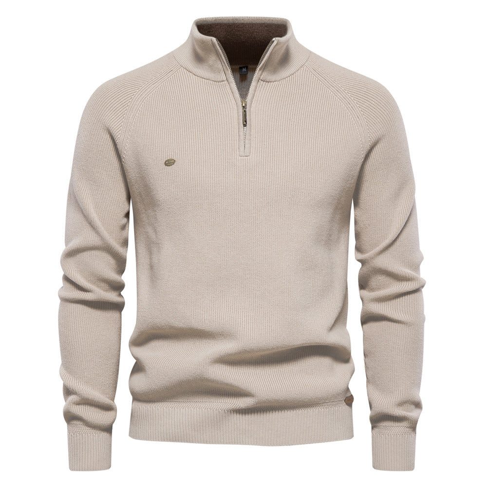 Ribbed Knit Half-Zip Sweater for Men - Beige