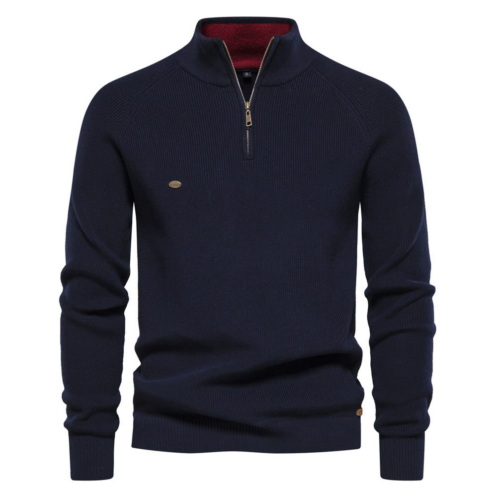 Ribbed Knit Half-Zip Sweater for Men - Navy Blue