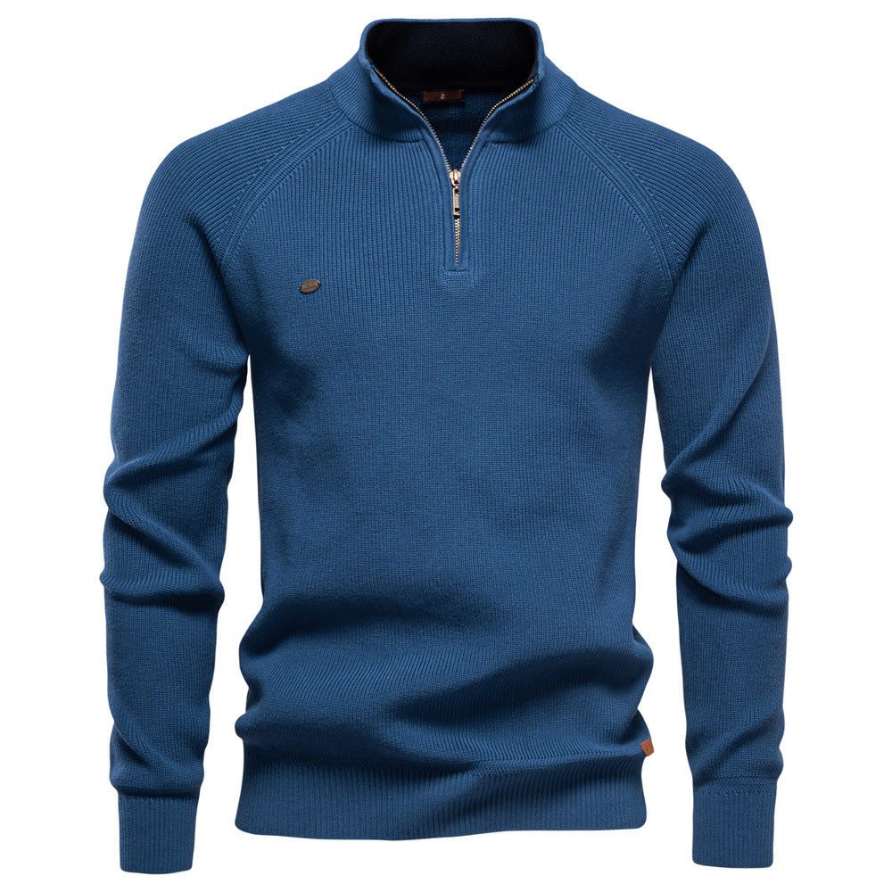 Ribbed Knit Half-Zip Sweater for Men - Blue