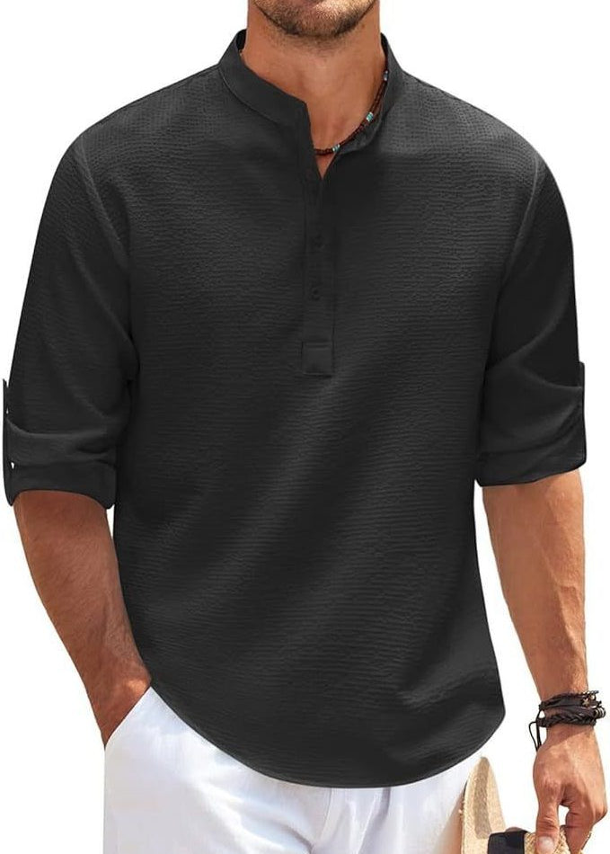 Ribbed Knit Henley Shirt for Men - Schwarz