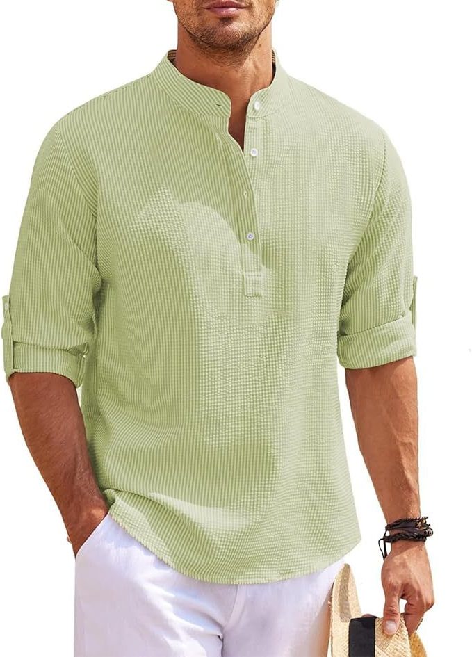 Ribbed Knit Henley Shirt for Men - Hellgrün