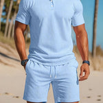 Ribbed Knit Polo Shirt Shorts Set for Men