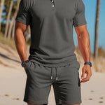 Ribbed Knit Polo Shirt Shorts Set for Men - Dark Gray