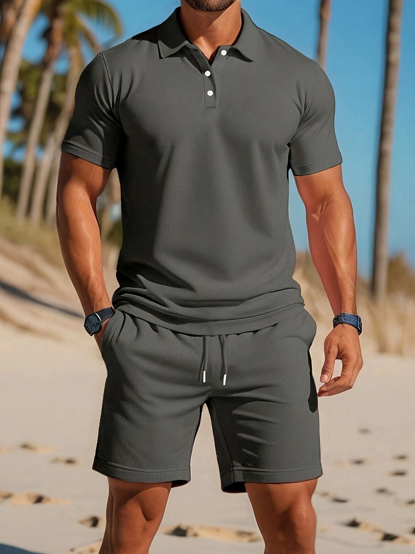 Ribbed Knit Polo Shirt Shorts Set for Men - Dark Gray