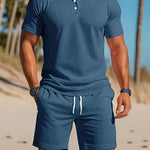 Ribbed Knit Polo Shirt Shorts Set for Men - Blue