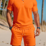 Ribbed Knit Polo Shirt Shorts Set for Men - Orange