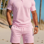 Ribbed Knit Polo Shirt Shorts Set for Men - Light Pink
