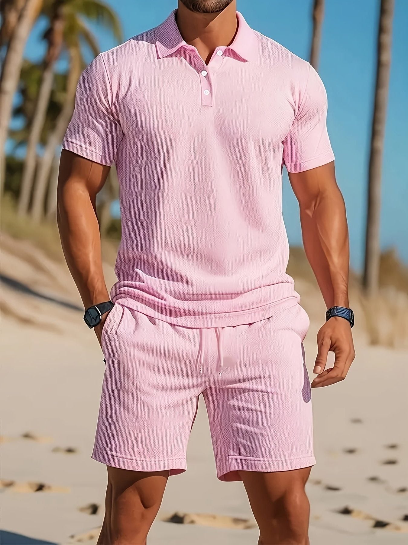 Ribbed Knit Polo Shirt Shorts Set for Men - Light Pink