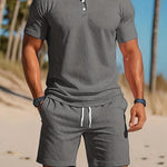 Ribbed Knit Polo Shirt Shorts Set for Men - Light Gray