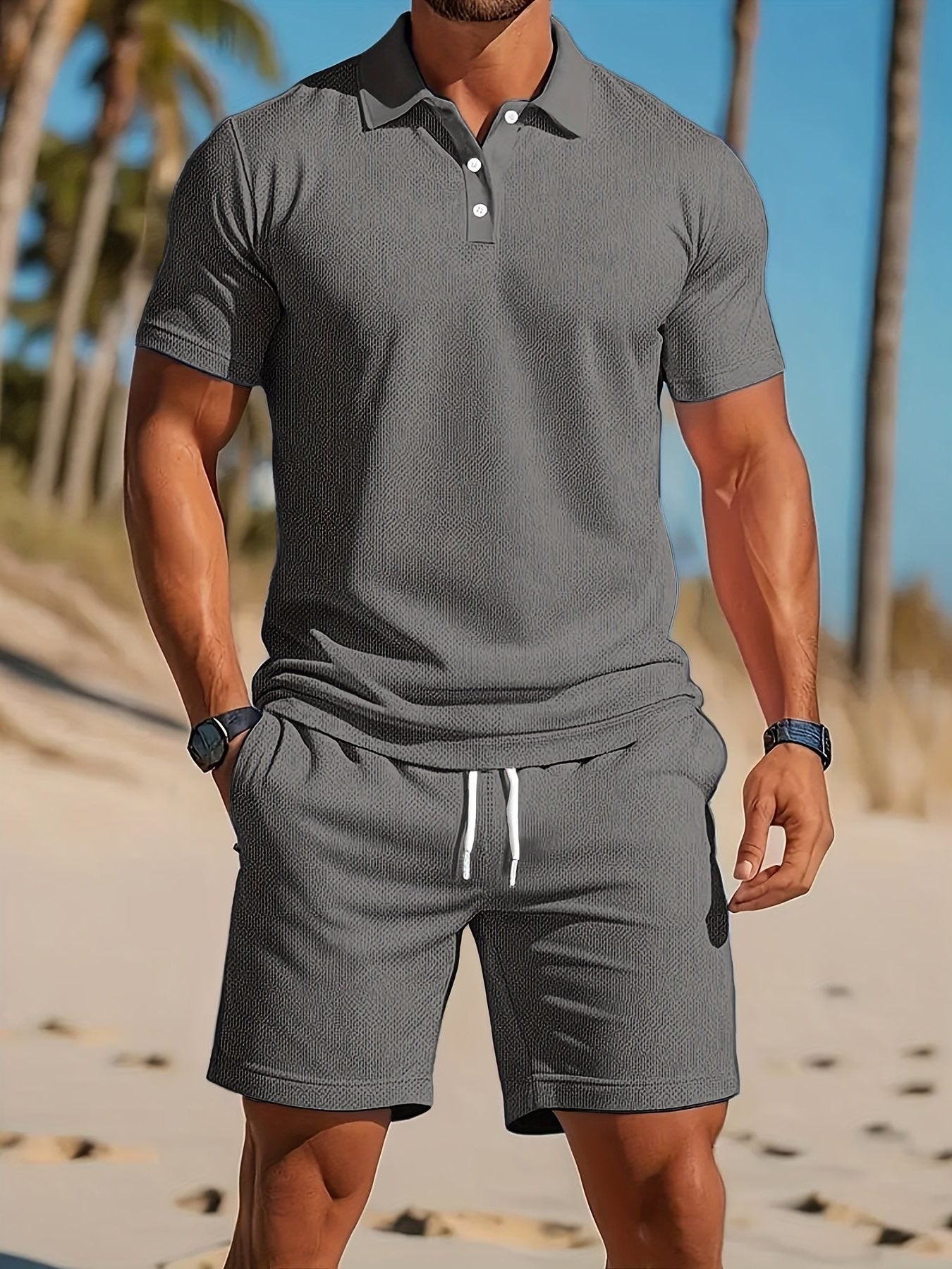 Ribbed Knit Polo Shirt Shorts Set for Men - Light Gray