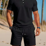 Ribbed Knit Polo Shirt Shorts Set for Men - Black