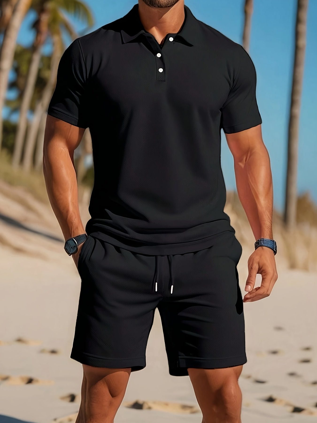 Ribbed Knit Polo Shirt Shorts Set for Men - Black
