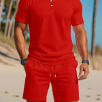Ribbed Knit Polo Shirt Shorts Set for Men - Red