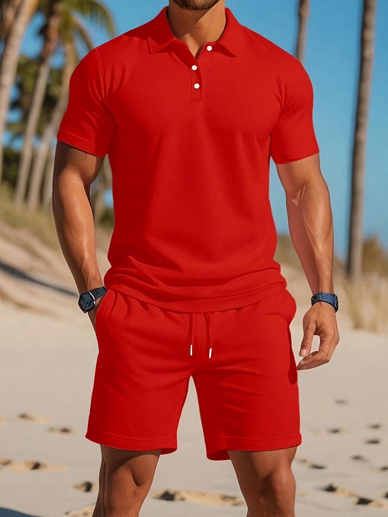 Ribbed Knit Polo Shirt Shorts Set for Men - Red