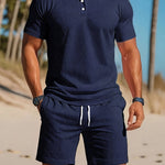 Ribbed Knit Polo Shirt Shorts Set for Men - Navy Blue
