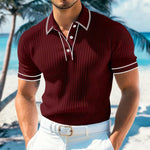 Ribbed Knit Polo Shirt with Contrast Trim for Men - Wine Red