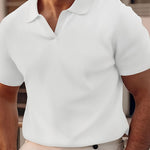 Ribbed Knit Polo Shirt with Spread Collar for Men
