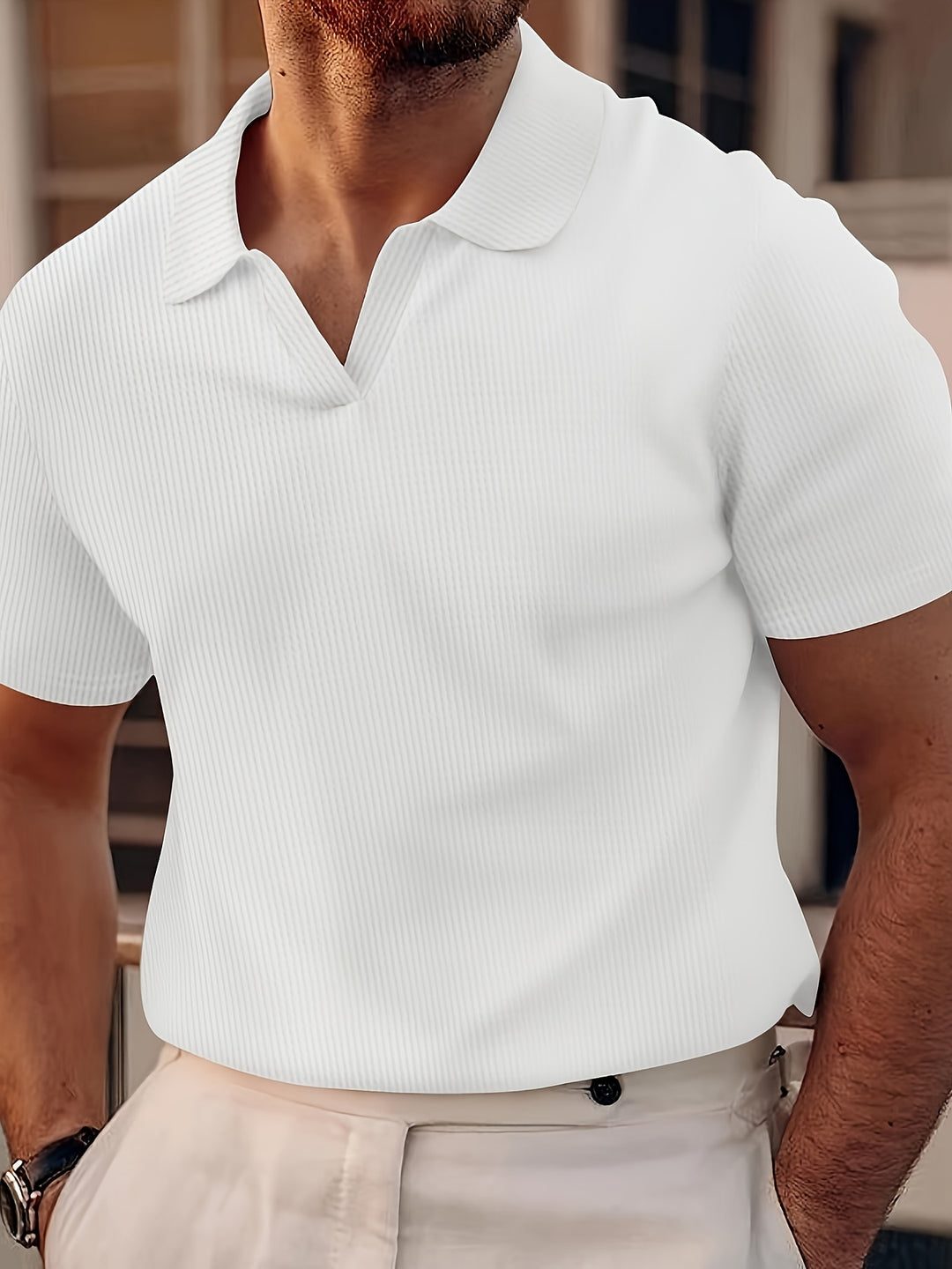 Ribbed Knit Polo Shirt with Spread Collar for Men
