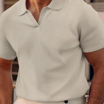 Ribbed Knit Polo Shirt with Spread Collar for Men - Khaki