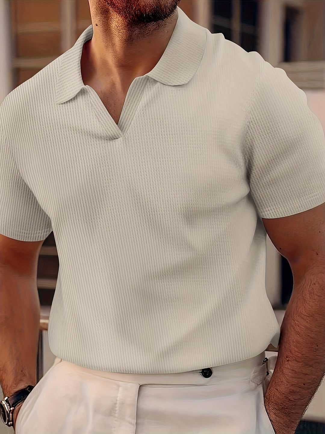 Ribbed Knit Polo Shirt with Spread Collar for Men - Khaki