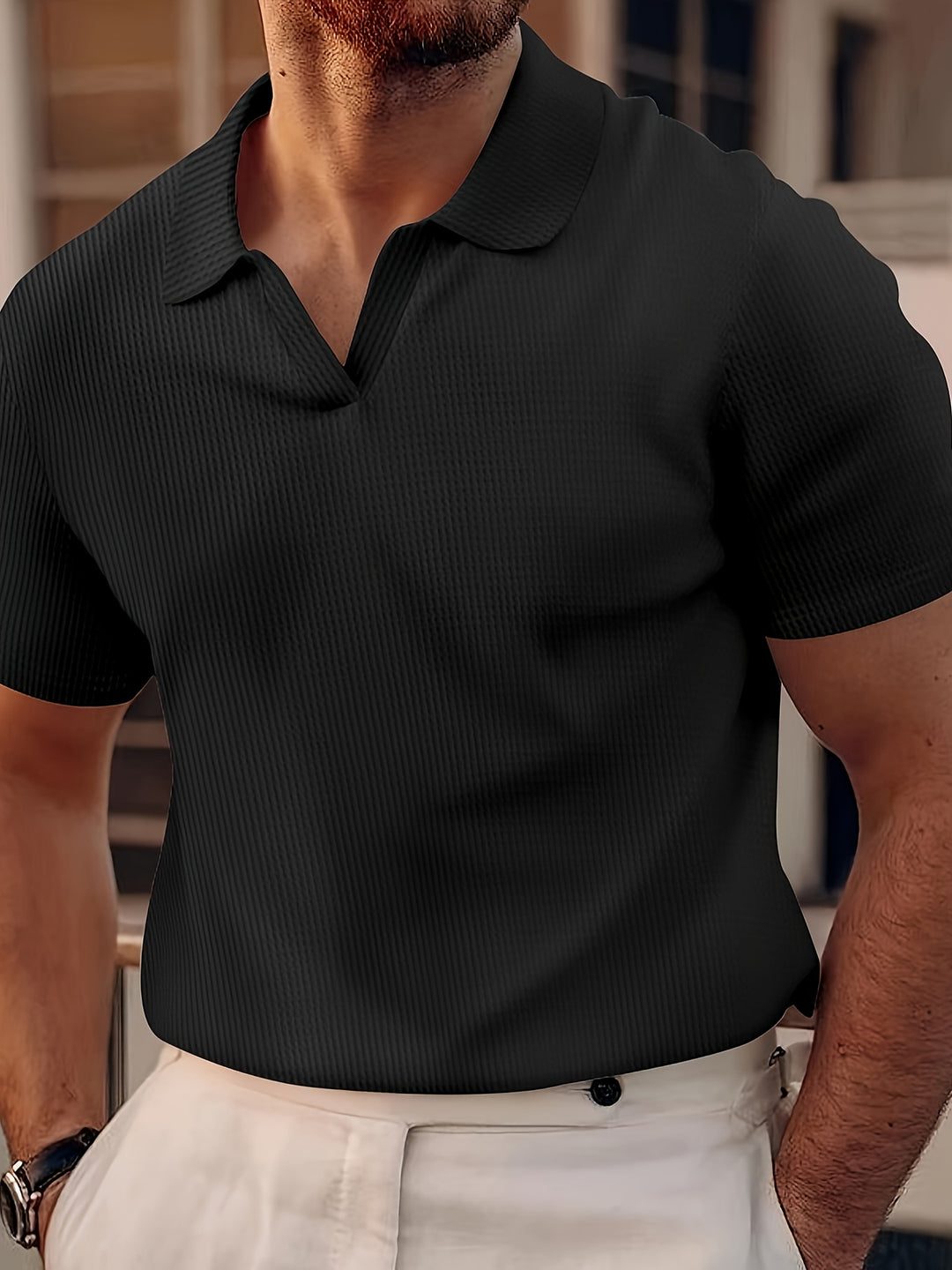 Ribbed Knit Polo Shirt with Spread Collar for Men - Black