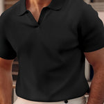 Ribbed Knit Polo Shirt with Spread Collar for Men - Black