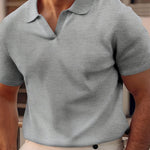Ribbed Knit Polo Shirt with Spread Collar for Men - Gray