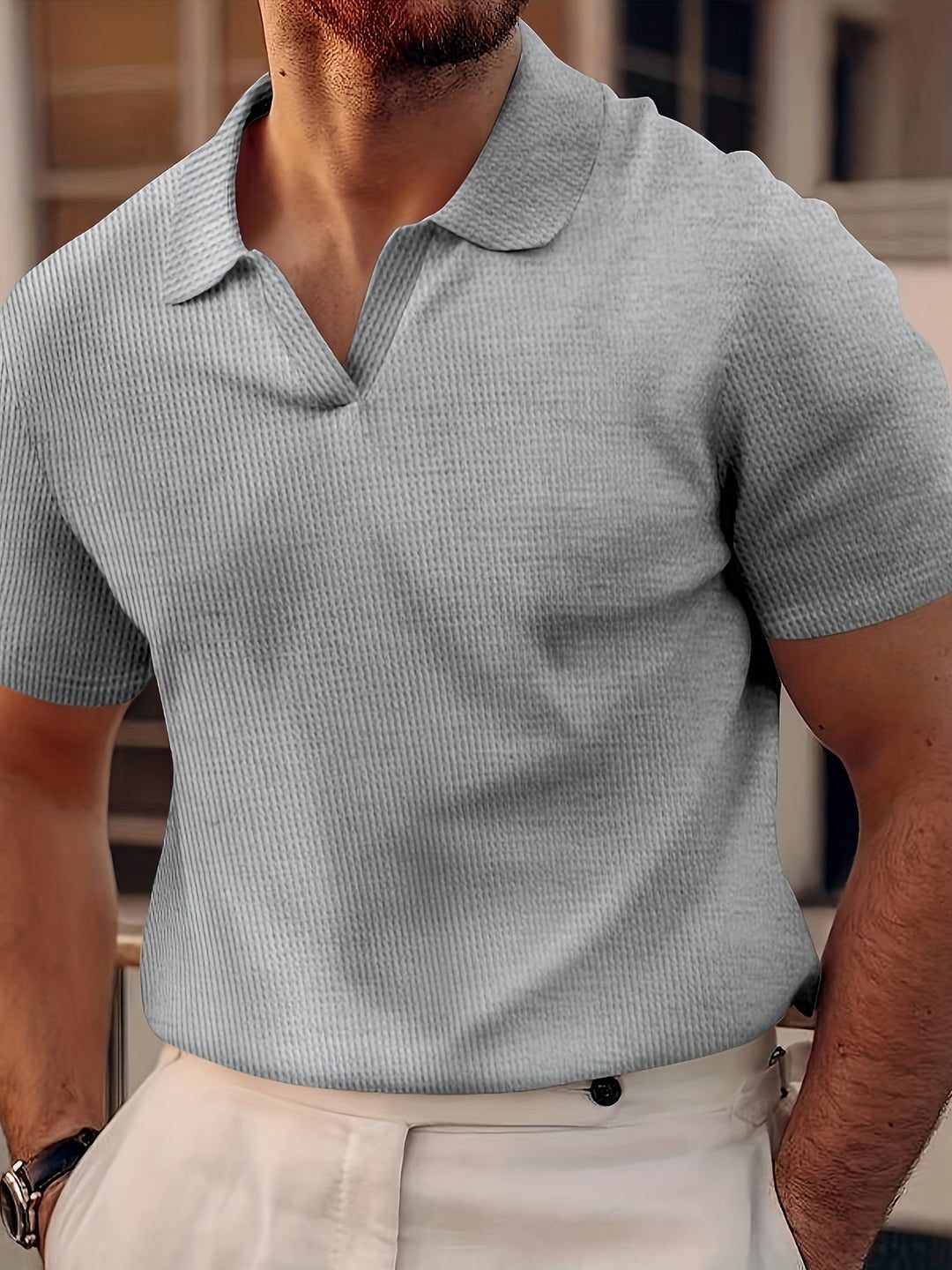 Ribbed Knit Polo Shirt with Spread Collar for Men - Gray
