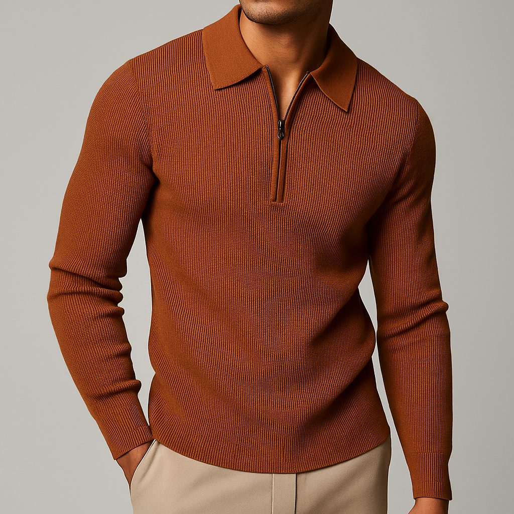 Ribbed Knit Quarter Zip Polo for Men