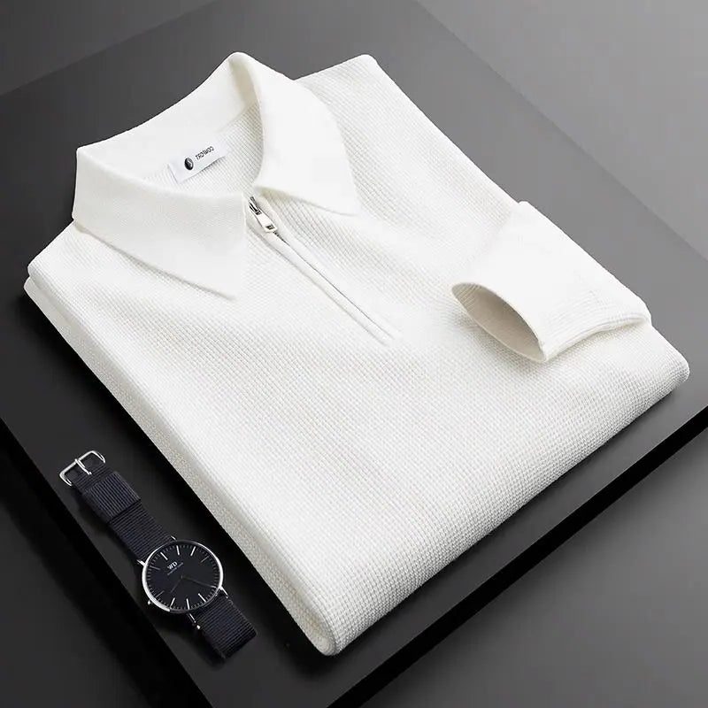 Ribbed Knit Quarter Zip Polo for Men - White