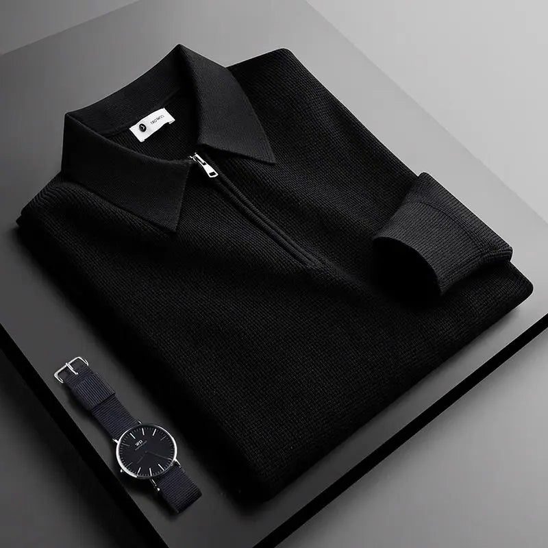 Ribbed Knit Quarter Zip Polo for Men - Black